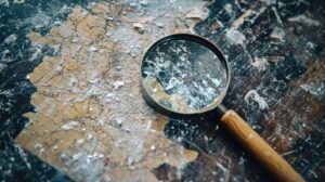 Magnifying glass and microscope focused on dangerous asbestos fibers on a deteriorating roof surface, with a faded map in background, industrial hazard, health risk, examination. SMART Environmental Kansas City Asbestos Abatement