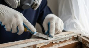 Close-up of gloved hands using tool to remove peeling lead paint from window frame while wearing protective mask. Perfect for safety, renovation, and health content.
