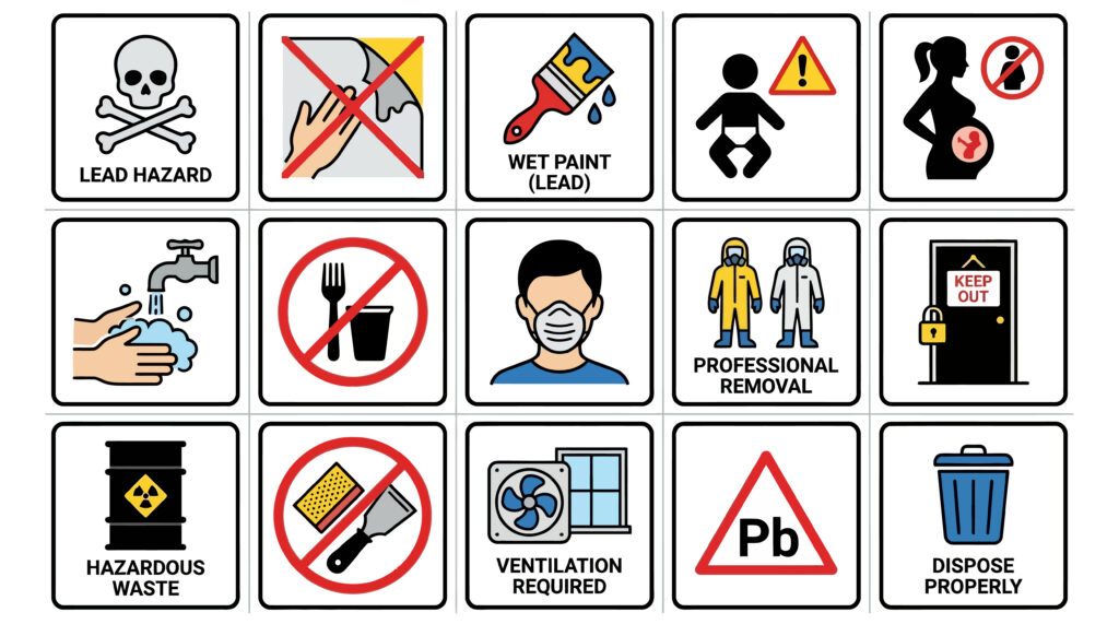 Lead Hazard Safety Warning Signs and Pictograms Set. EPS Editable. Vector Illustrations.