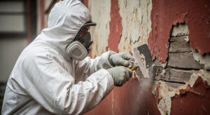 lead paint removal worker in protective suit and respirator mask performing renovation scraping old asbestos paint from peeling wall. AdobeStock_19780435343_Digital advertising REAL Moxie LLC
