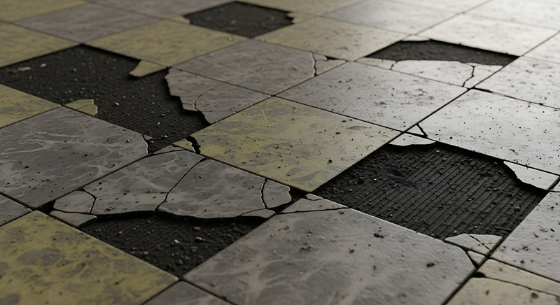 Damaged vinyl floor tiles with black mastic adhesive illustrating dangerous asbestos exposure risks during home renovation and the need for professional remediation