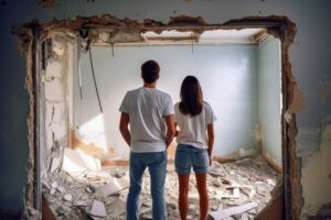 A man and woman look at a demolished room, DIY flipping concept,