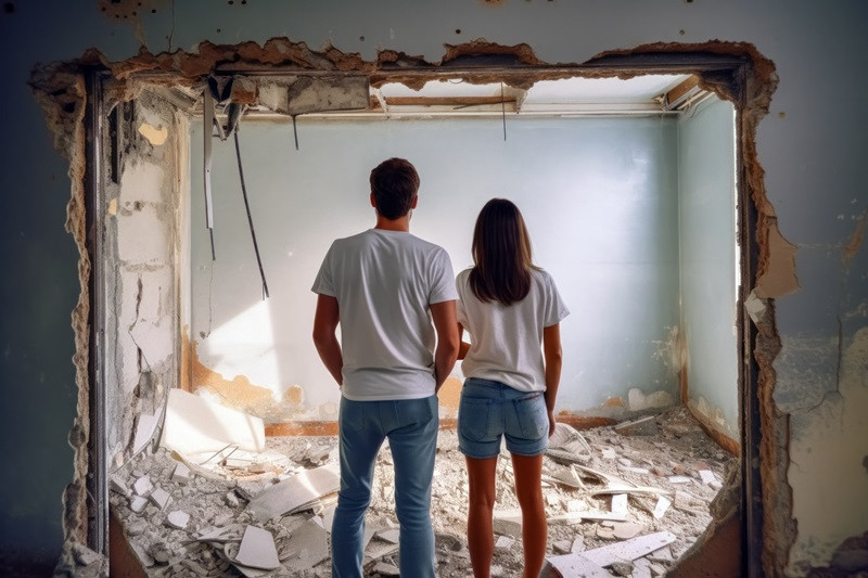A man and woman look at a demolished room, DIY flipping concept,